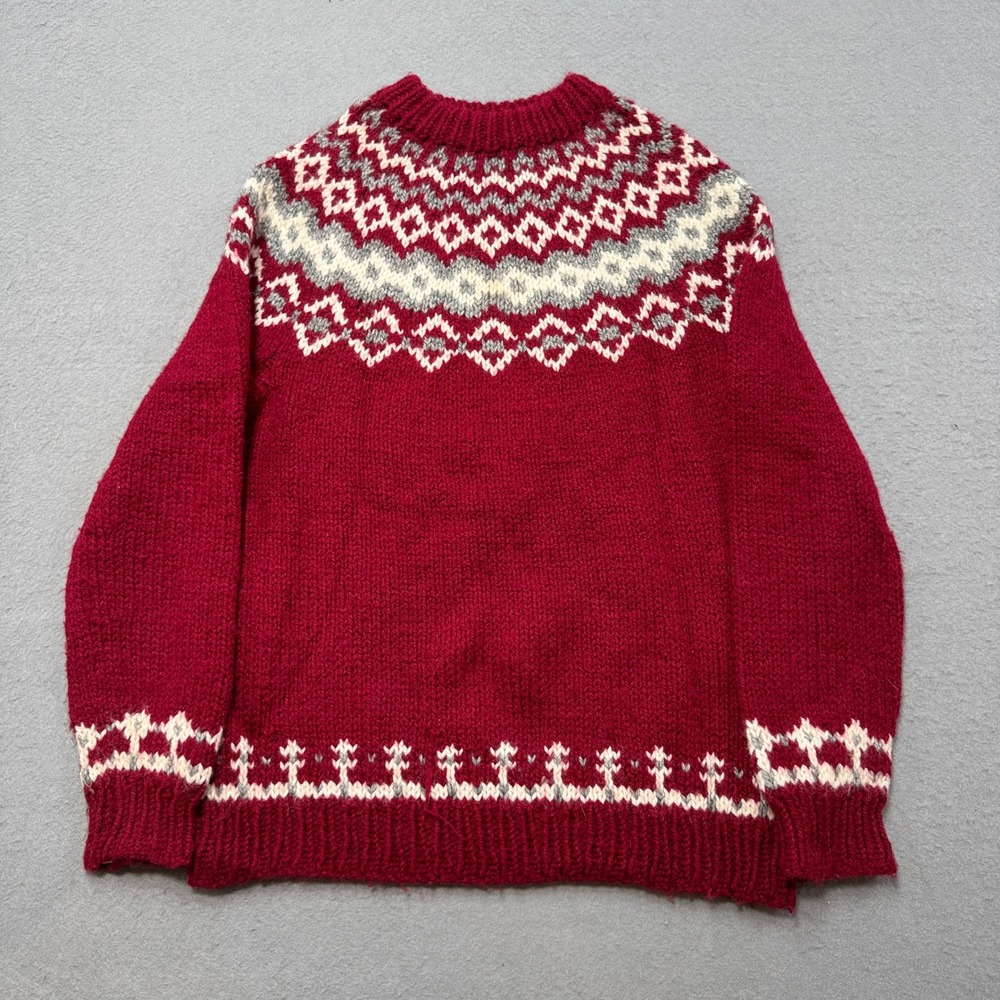 Handmade Knit Sweater Women's Medium Burgundy Fair Isle Nordic Yoke Pullover
